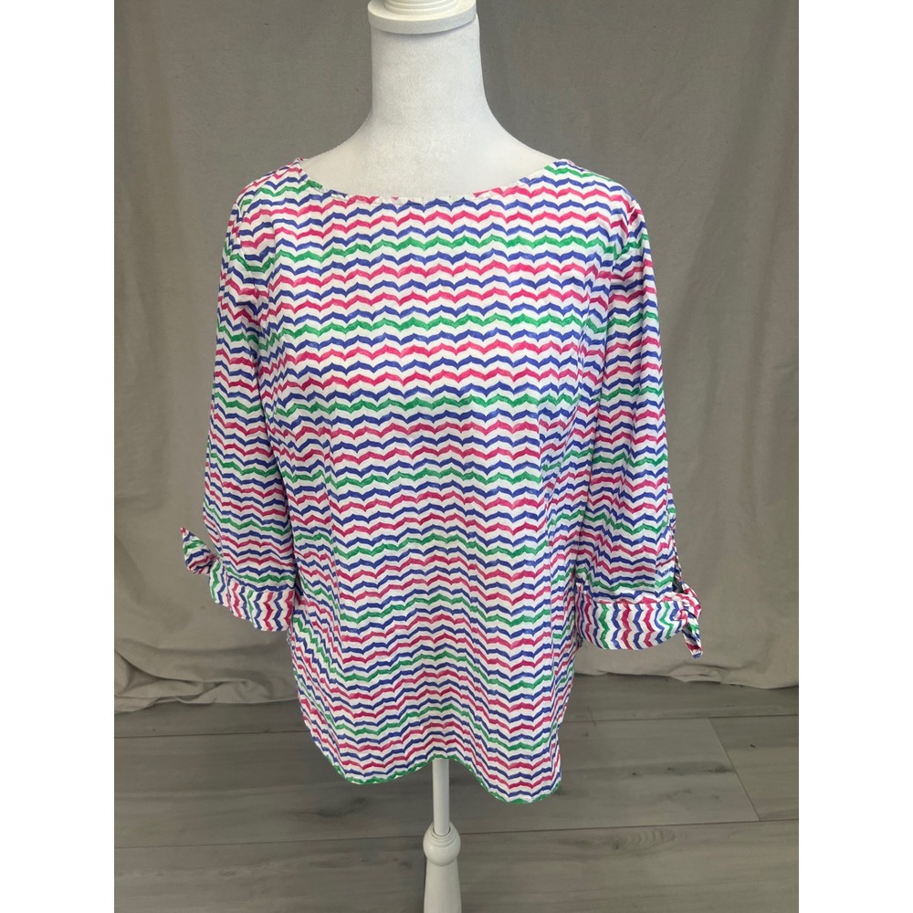 Talbots Top Boatneck 3/4 Sleeve Tie Cuff Sz XL Pink Green Blue Chevron Coastal